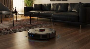 A Modern Smart Robotic Vacuum Cleaner in a Stylish Living Room Setting photo