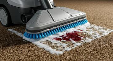 Closeup of a carpet cleaner removing a red stain from a carpeted surface showcasing stain removal e photo
