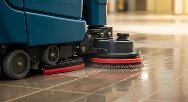 Industrial Floor Scrubber Machine Cleaning and Polishing a Tiled Surface photo