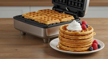 Delicious Golden Waffles Fresh From the Waffle Maker Ready to Enjoy with Toppings photo