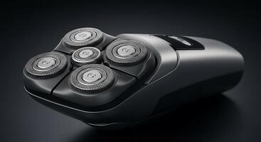 A HighResolution CloseUp of a Sleek Modern Electric Razor with Five Precision Cutting Heads photo