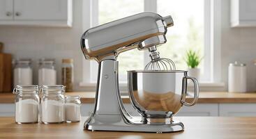 Sleek Chrome Stand Mixer with Flour Jars in Modern Kitchen Setting photo