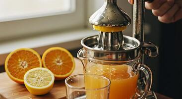 A Manual Citrus Juicer in Action Freshly Squeezed Orange Juice Preparation photo
