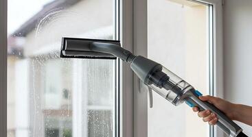 Cordless Electric Window Vacuum Cleaner Being Used on a Large Pane of Glass for Cleaning photo