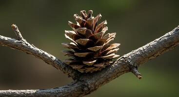 A Solitary Pine Cone Rests on a Rustic Branch Basking in Sunlight photo