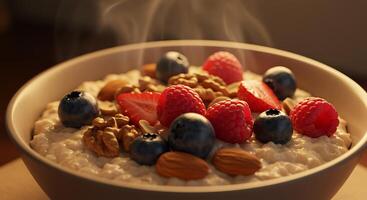 A Warm Bowl of Oatmeal Topped with Berries Nuts and Almonds photo