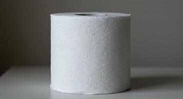 A Single Roll of Embossed White Toilet Paper on a Neutral Surface photo