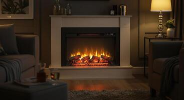 Elegant Electric Fireplace with Realistic Log Display and Ambient Lighting photo
