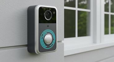 Modern Smart Doorbell with Builtin Camera Installed on Exterior Wall photo
