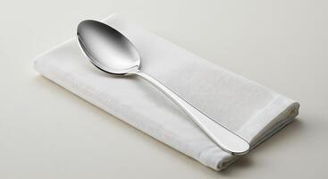 Elegant Stainless Steel Spoon Resting on a Crisp White Linen Napkin photo
