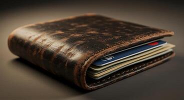 A Distressed Leather Wallet Filled with Credit Cards and Identification photo