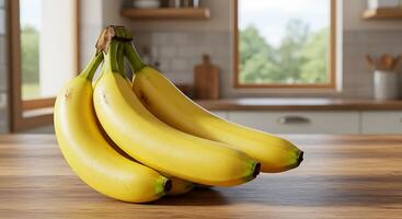 A Bunch of Ripe Yellow Bananas Resting on a Wooden Kitchen Countertop photo