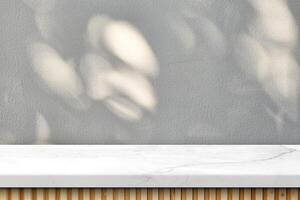 Empty Japandi Marble Table with Natural Light and Bokeh on Stucco Wall Texture Background photo