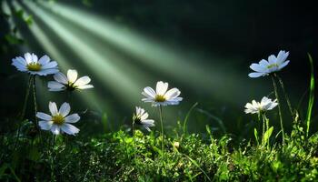 Sun dappled wildflower meadow with soft rays shining through. photo