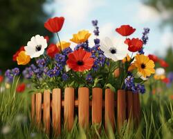 vistoso flores silvestres en de madera cesta debajo luz de sol foto