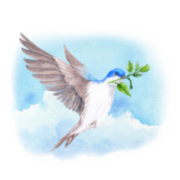 birdie with green branch flying in the sky png
