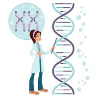 Female scientist editing a DNA structure. Graphic illustration in flat style vector