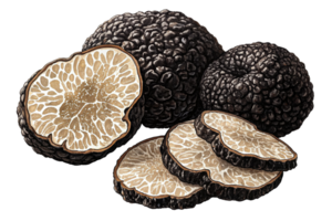 Black truffles displayed with slices showcasing their delicate texture and unique appearance png