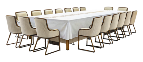 Gathering space with long table and comfortable chairs in a bright setting png