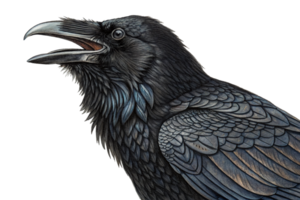 Details of a raven showing feathers and beak while vocalizing in a natural setting png