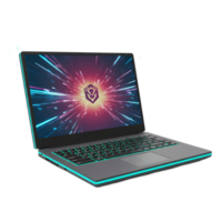 Modern Laptop Displaying Abstract Graphics with Turquoise Backlit Keyboard Design png