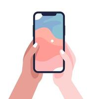 Hands holding up a smartphone with a colorful background vector