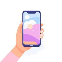 A hand holding a smartphone with a colorful screen vector