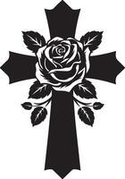 a black and white cross with a rose on it vector
