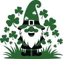 a cartoon st patrick's day gnome with shamrock leaves vector