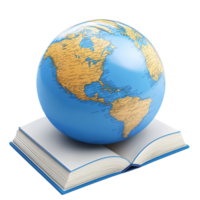 Globe resting on an open book representing global knowledge, Isolated on Transparent Background. png