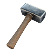 A metallic sledgehammer with a wooden handle is shown, Isolated on Transparent Background. png