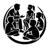 A black and white silhouette of a man and children sitting around a circle vector