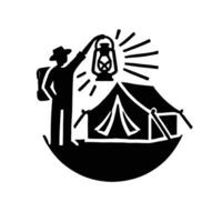A black and white silhouette of a man with a lantern and tent vector