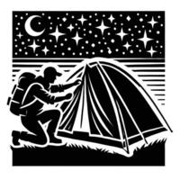 A man with a backpack and tent in front of a starry night sky vector