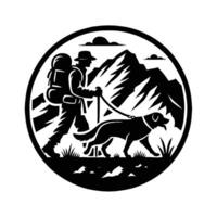 A man with a dog and backpack is walking in the mountains vector