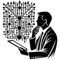 A man in a suit holding a tablet computer and looking at a circuit board vector