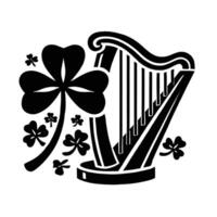 A black and white illustration of a harp and shamrock vector