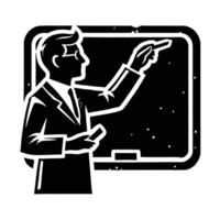 A black and white illustration of a man pointing at a blackboard vector