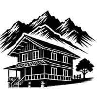 A house in the mountains with mountains in the background vector