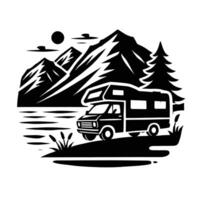 An rv is parked near a lake and mountains vector