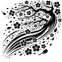 A black and white drawing of a tree with flowers vector