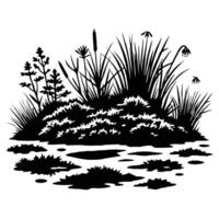 A black and white illustration of a pond and grass vector