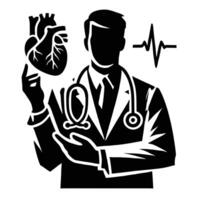 A black and white silhouette of a doctor holding a heart vector