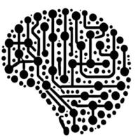 A black and white image of a brain with circuit board vector