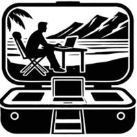 A man sitting at a laptop computer in a suitcase vector