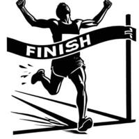 A runner crossing the finish line with the words finish line vector