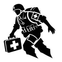 A silhouette of a soldier carrying a first aid kit vector