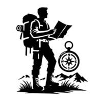 A man with a map and compass is silhouetted in black and white vector