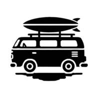 A black and white van with a surfboard on top vector