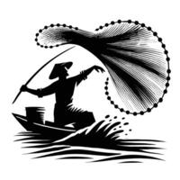 A man in a boat with a net and a fish vector